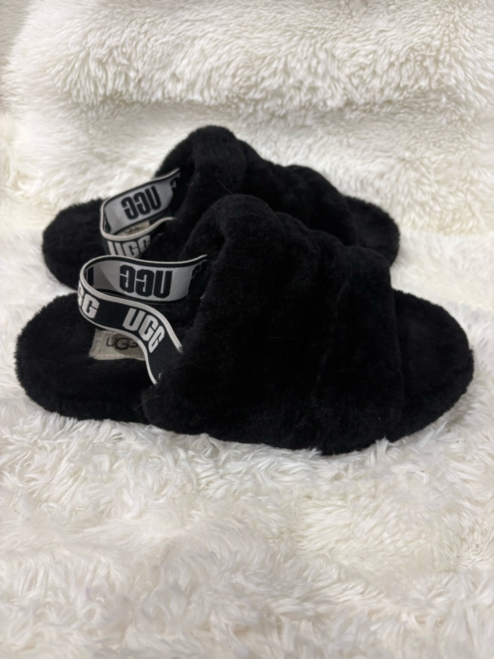 UGG Black Plush Slide Sandals with Branded Elastic Heel - Picture 1 of 8